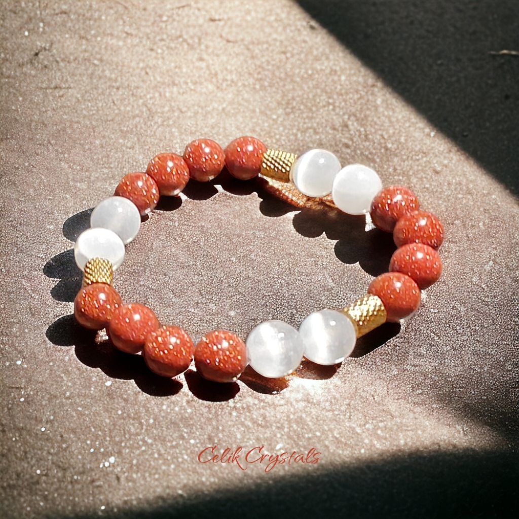 Gold Sandstone Selenite Bracelet Stainless Steel Spacers Unisex 10mm